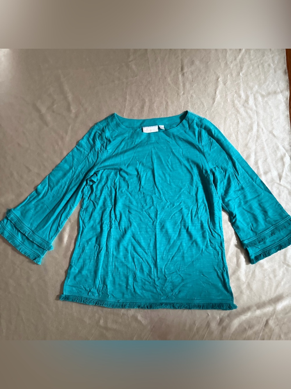 Belle by Kim Gravel Slub Knit Fringe Benefits 3/4 Sleeve Top Small A648185